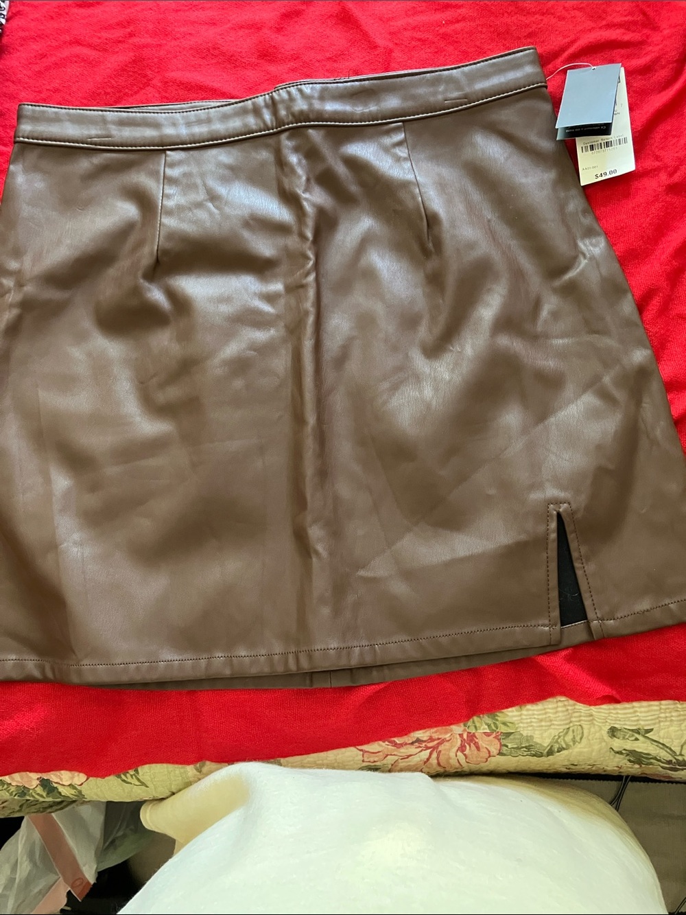 Brown Faux Leather Mini Skirt with Front Slit